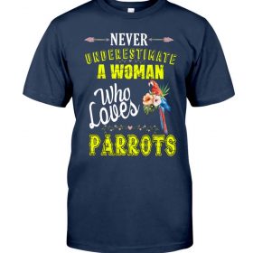 Never underestimate a woman who loves parrots navy