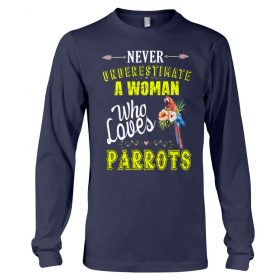 Never underestimate a woman who loves parrots navy