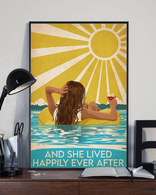 And She Lived Happily Ever After Swimming Brunette Girl Vintage Poster