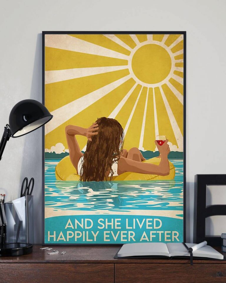 And She Lived Happily Ever After Swimming Brunette Girl Vintage Poster