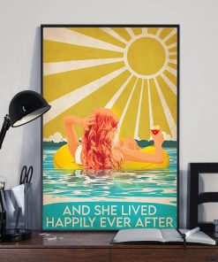 And She Lived Happily Ever After Swimming Drinking Redhead Girl Vintage Poster