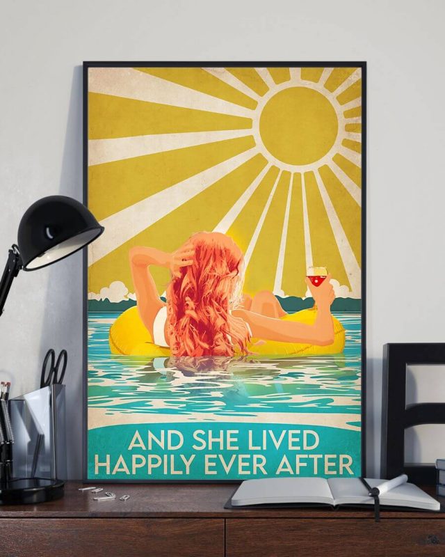 And She Lived Happily Ever After Swimming Drinking Redhead Girl Vintage Poster