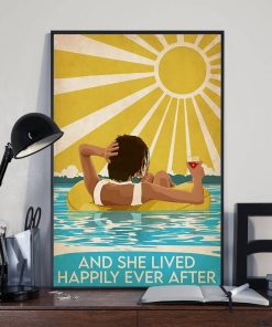 And She Lived Happily Ever After Swimming Drinking Short Brown Hair Girl Vintage Poster