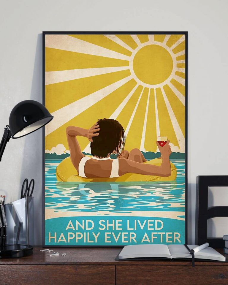 And She Lived Happily Ever After Swimming Drinking Short Brown Hair Girl Vintage Poster