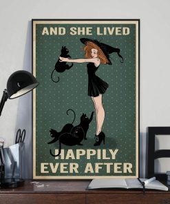 And She Lived Happily Ever After Black Cat Witch Halloween Vintage Poster