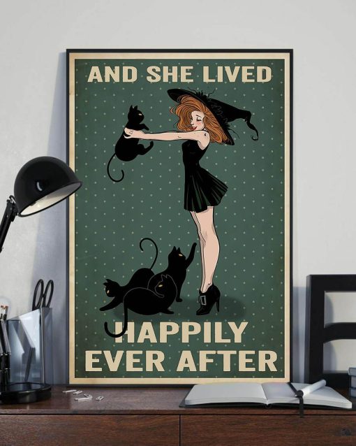 And She Lived Happily Ever After Black Cat Witch Halloween Vintage Poster