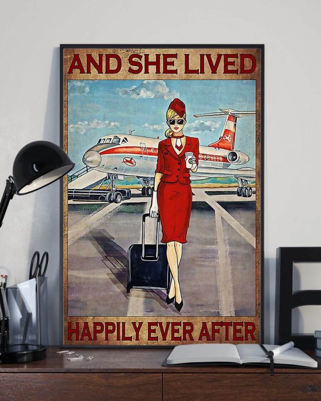 And She Lived Happily Ever After Blonde Flight Attendant Red Uniform Poster