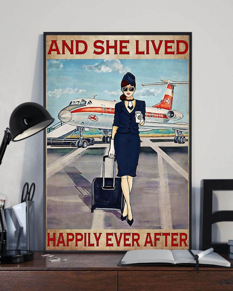 And She Lived Happily Ever After Brunette Flight Attendant Navy Uniform Poster
