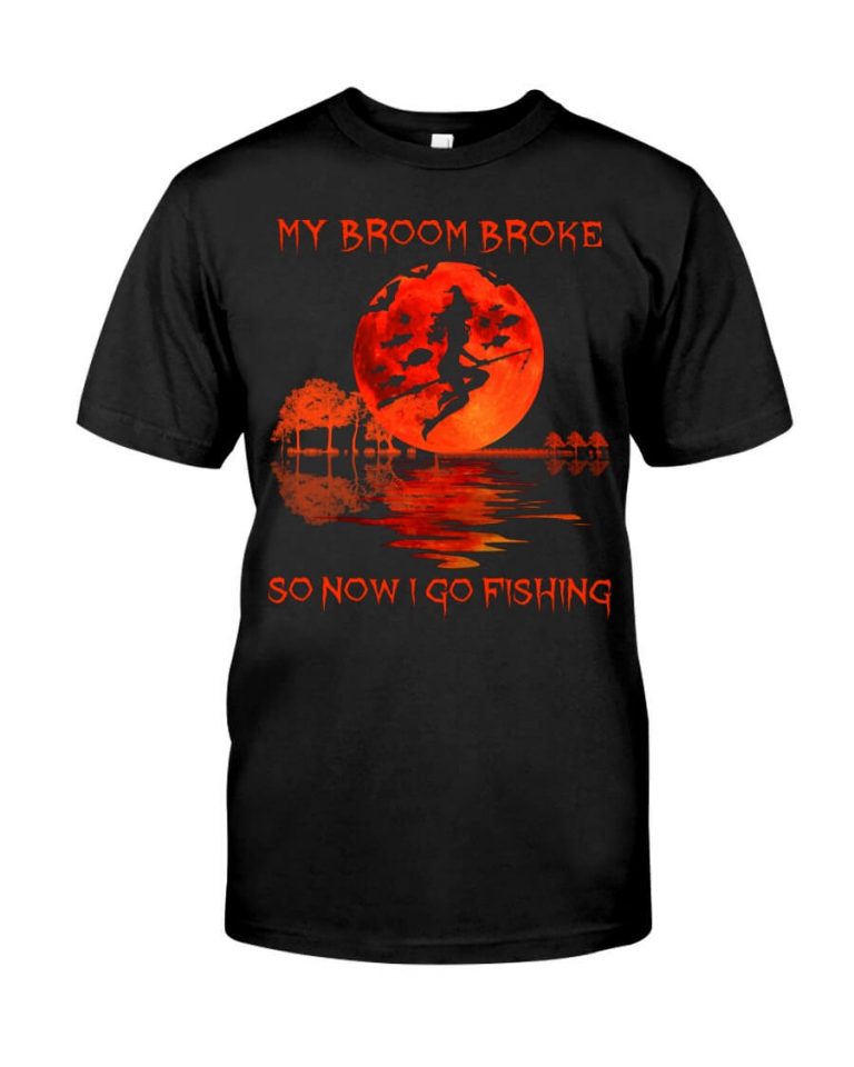 My Broom Broke So Now I Go Fishing Halloween Witch Guitar Shirt
