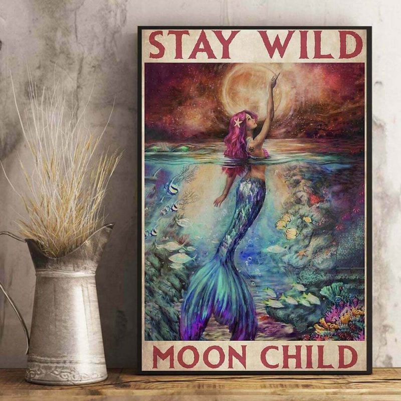 Mermaid Stay Wild Moon Child Vintage Poster