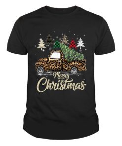 Buffalo Plaid Merry Christmas Tree Red Truck With Leopard Print Shirt