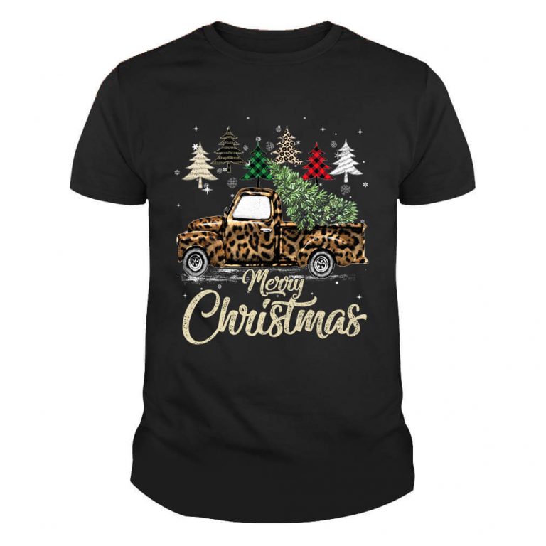 Buffalo Plaid Merry Christmas Tree Red Truck With Leopard Print Shirt