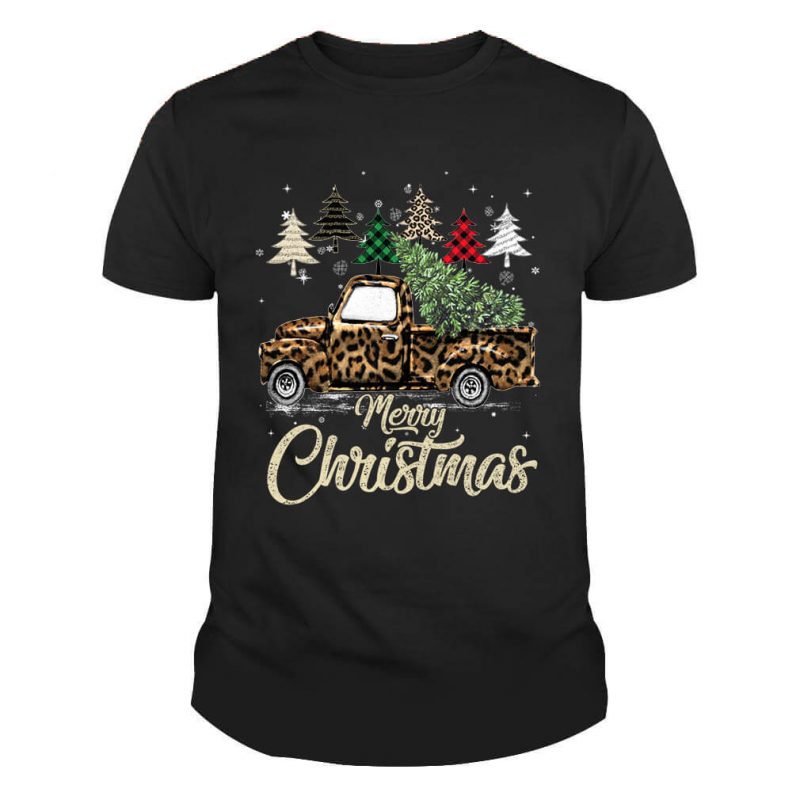Buffalo Plaid Merry Christmas Tree Red Truck With Leopard Print Shirt