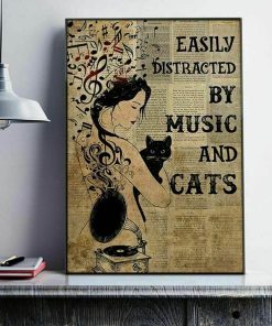 Easily Distracted By Music And Cats Black Cat And Girl Music Vintage Poster