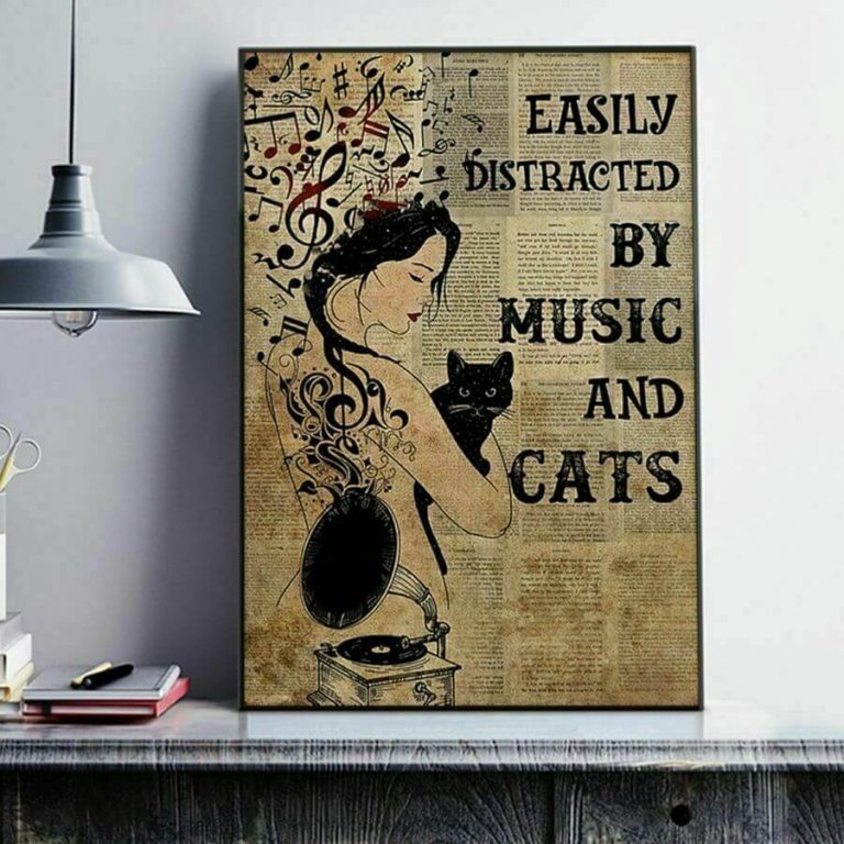 Easily Distracted By Music And Cats Black Cat And Girl Music Vintage Poster