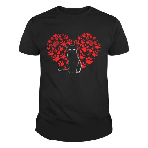 Black Cat Lover Heart Paw Valentines Day Gift Meow Cat Unisex Tshirt