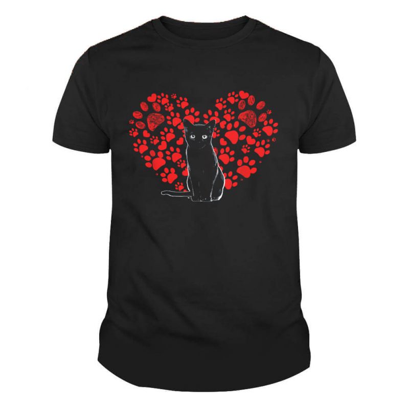 Black Cat Lover Heart Paw Valentines Day Gift Meow Cat Shirt