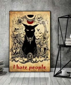 Black Cat I Hate People Creepy Cat Skull Halloween Vintage Poster