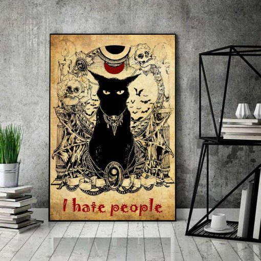 Black Cat I Hate People Creepy Cat Skull Halloween Vintage Poster