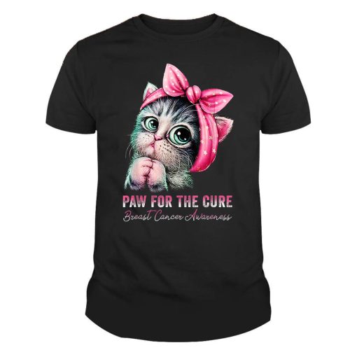 Funny Cute Cat Paw For Cure Breast Cancer Awareness Cat with Bandage Gift Tshirt