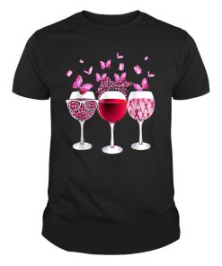 Pink Ribbon Wine Glass Butterfly Breast Cancer Awareness Shirt