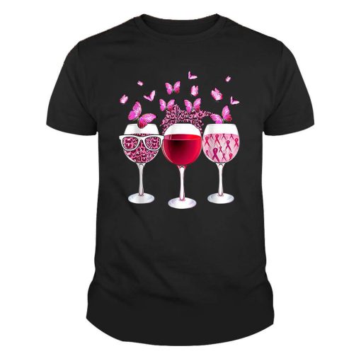 Pink Ribbon Wine Glass Butterfly Breast Cancer Awareness Shirt