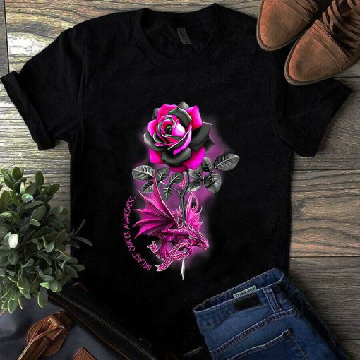 Breast Cancer Dragon Ribbon Pink Warrior Rose Flower Dragon Gift Unisex Tshirt