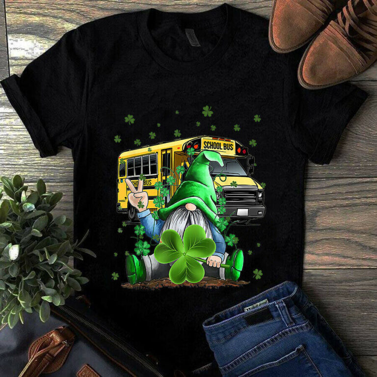 School Bus Gnome Shamrock St Patrick's Day Irish Gift Unisex Tshirt
