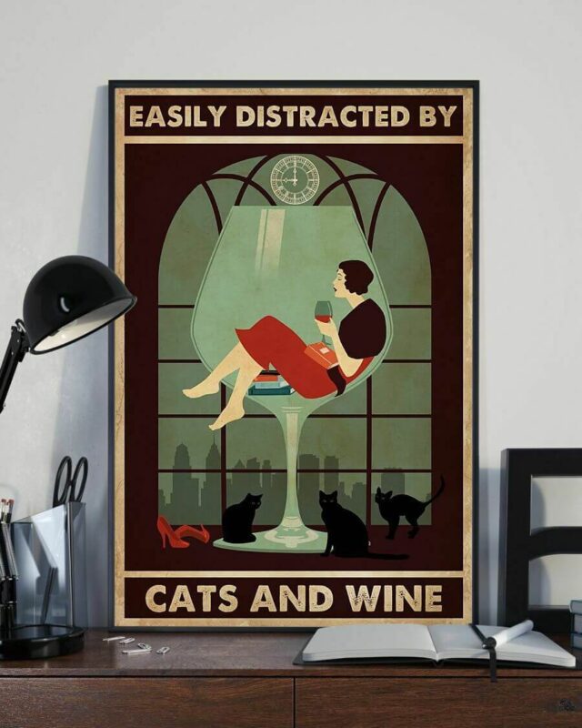 Easily Distracted By Cats and Wine Black Cat and Girl Poster