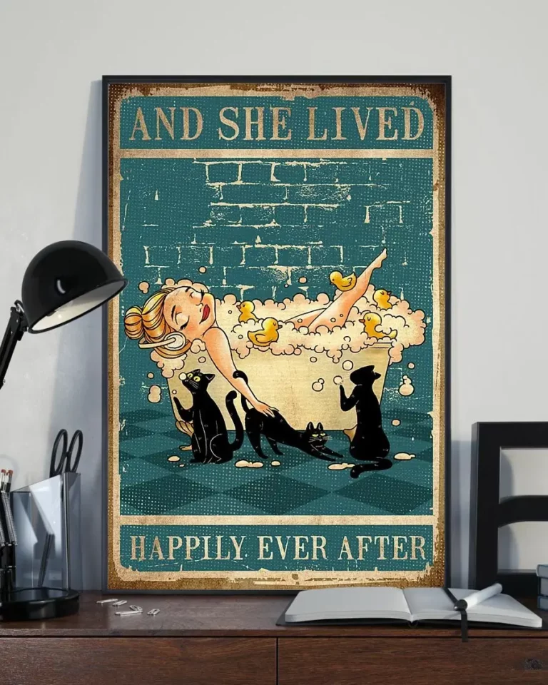 And She Lived Happily Ever After Girl Bath With Black Cats Poster
