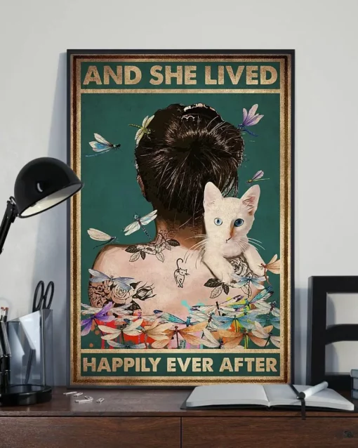 And She Lived Happily Ever After Girl With Cat Dragonfly Poster