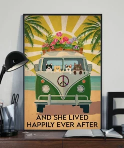 And She Lived Happily Ever After Hippie Van Cats Floral Flower Vintage Poster