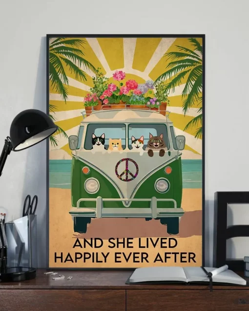 And She Lived Happily Ever After Hippie Van Cats Floral Flower Vintage Poster