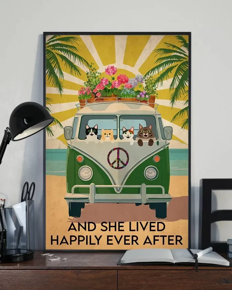 And She Lived Happily Ever After Hippie Van Cats Floral Flower Vintage Poster