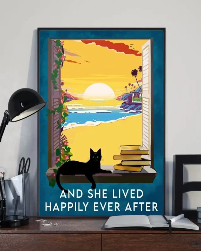And She Lived Happily Ever After Ocean Black Cat Meow Poster