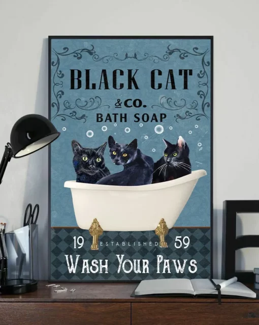 Black Cat Co Bath Soap Wash Your Paws Funny Meow Cat Poster