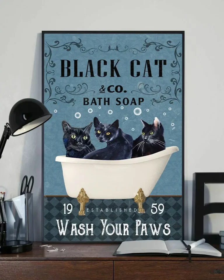 Black Cat Co Bath Soap Wash Your Paws Funny Meow Cat Poster