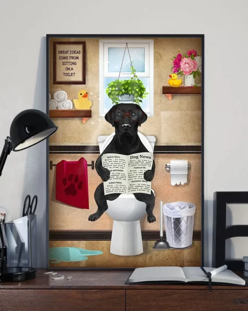 Black Labrador Toilet Reading Newspaper Funny Dog Poster