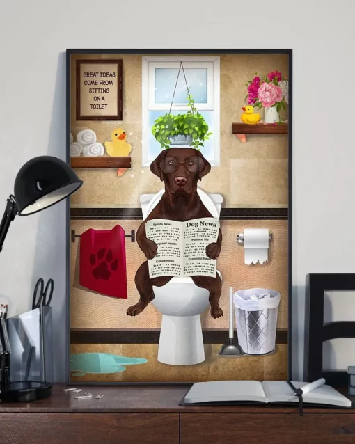 Brown Labrador Toilet Reading Newspaper Funny Dog Poster