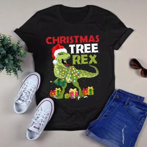 Christmas Tree Rex T-rex Santa Hat Xmas Light Gift Tshirt