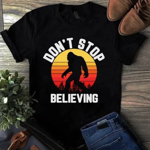 Don't Stop Believing Bigfoot Camping Retro Tshirt