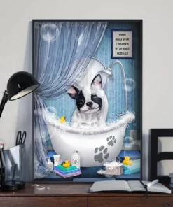 Frenchie Bulldog Taking Shower Funny Dog Home Decor Wallart Poster