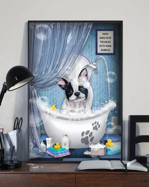 Frenchie Bulldog Taking Shower Funny Dog Home Decor Wallart Poster
