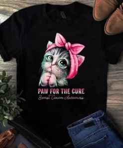 Funny Cute Cat Paw For Cure Breast Cancer Awareness Gifts Tshirt