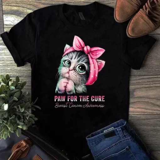Funny Cute Cat Paw For Cure Breast Cancer Awareness Gifts Tshirt