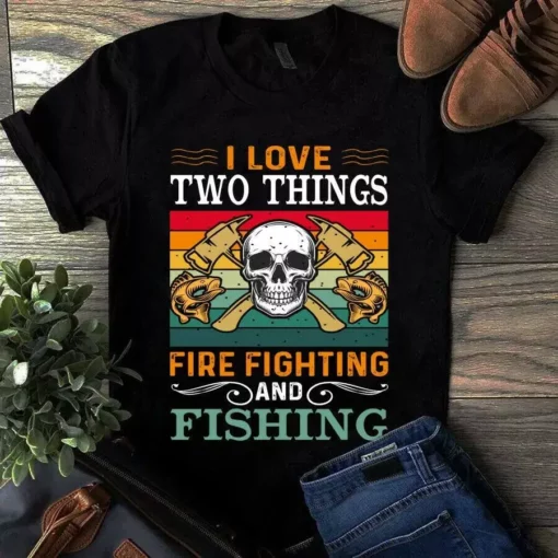 I Love Two Things Firefighting And Fishing Skull Vintage Tshirt