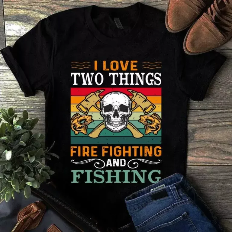 I Love Two Things Firefighting and Fishing Skull Vintage TShirt