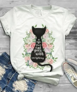 A Little Black Cat Goes With Everything Flower Cat Tshirt
