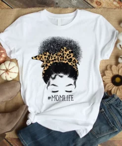Afro Mom Life Messy Bun Leopard Funny Black Mom Mothers Day Tshirt
