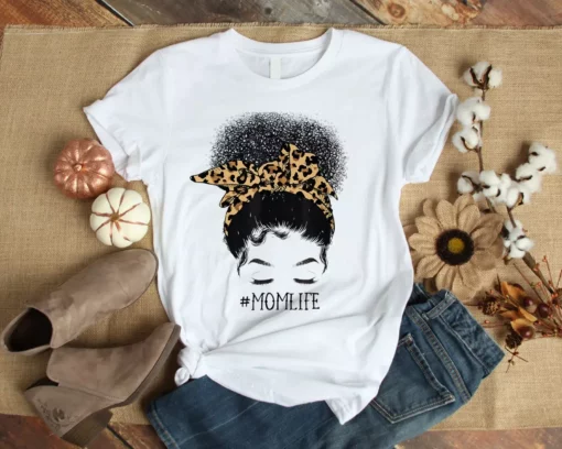 Afro Mom Life Messy Bun Leopard Funny Black Mom Mothers Day Tshirt